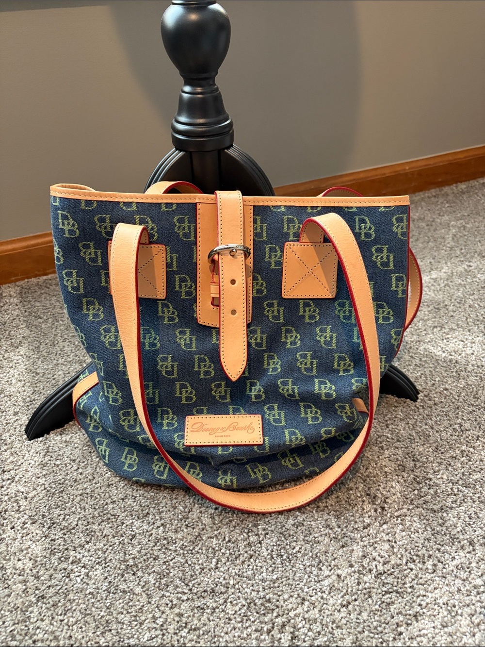 Dooney & Bourke Navy and Tan Lime Green and Tan Leather Slouch Shoulder Bag